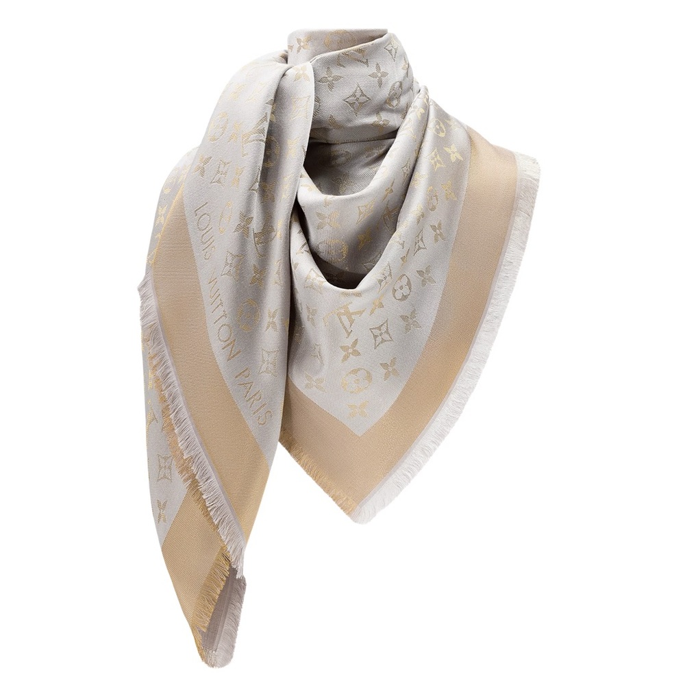 Louis Vuitton Monogram 2 sides Shawl Scarf Silk/Wool Gold/Silver